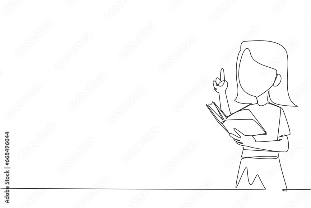 Single continuous line drawing girl standing reading a book. Gesture gets the idea. Books can see from different points of view. Brilliant idea from reading book. One line design vector illustration