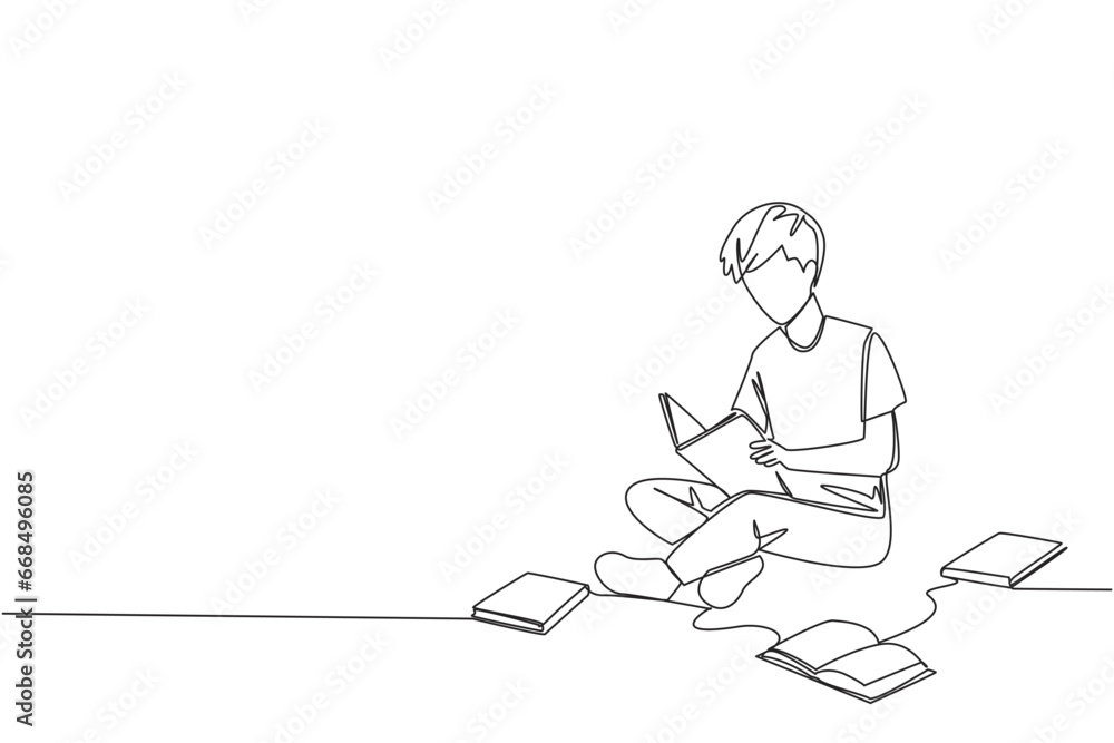 Single continuous line drawing man sitting relaxed in a library reading a lot of books. Looking for answers to assignments. Hobby reading. Book festival concept. One line design vector illustration