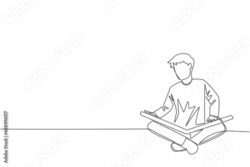 Continuous one line drawing man sit down and put reading book on feet. Interesting to read the complete geographic map. Eliminate curiosity. Book festival. Single line draw design vector illustration