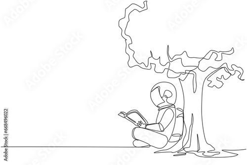 Single continuous line drawing astronaut sitting reading book under shady tree. Continuing second volume of the fiction story book. Enjoy reading. Book festival. One line design vector illustration