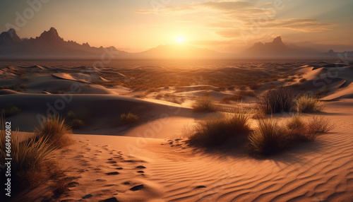 Sand dunes ripple in the sunset, a majestic landscape unfolds generated by AI