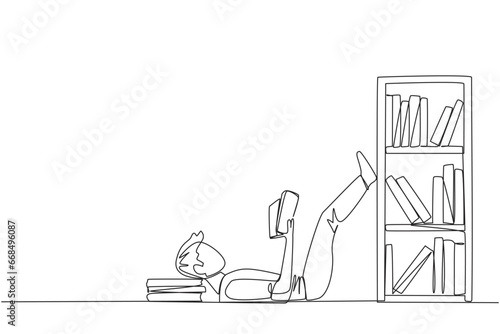 Single one line drawing man lying on back reading fiction story book near bookcase. Read slowly to enjoy the storyline. Hobby reading. Very good habit. Continuous line design graphic illustration