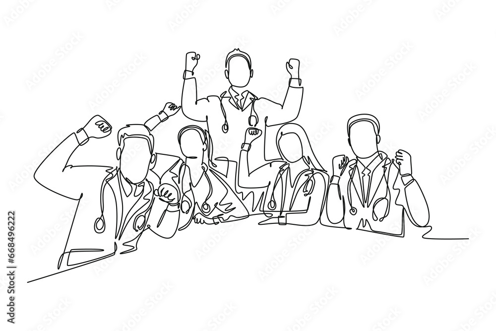 Single continuous line drawing group of male and female doctor celebrating their successful cure patient. Medical health care services concept. Dynamic one line draw graphic design vector illustration Single continuous line drawing group of male and female doctor celebrating their successful cure patient. Medical health care services concept. Dynamic one line draw graphic design vector illustration
