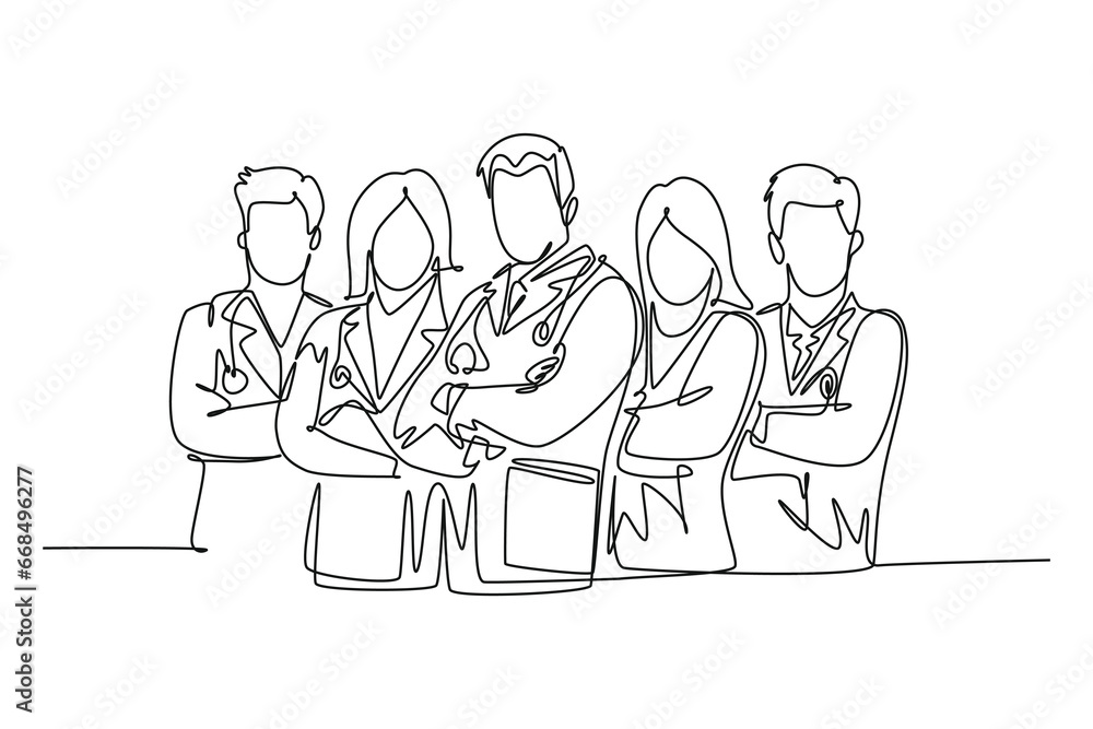 Single continuous line drawing group of happy male and female doctor line up to celebrate their successful surgery operation. Team work success pose. One line draw graphic design vector illustration