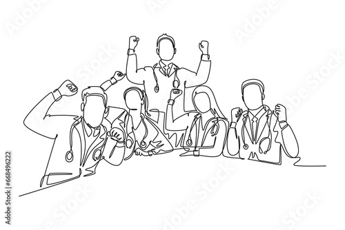 Single continuous line drawing group of male and female doctor celebrating their successful cure patient. Medical health care services concept. Dynamic one line draw graphic design vector illustration