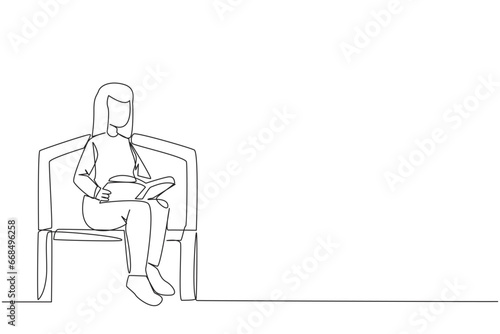 Continuous one line drawing woman sitting and reading on chair in university park. Prepare for the final exams with serious reading. Book festival concept. Single line draw design vector illustration