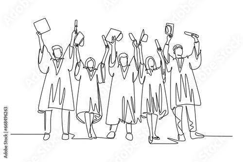 Single continuous line drawing group of male and female college student lift up their cap to the air to celebrate their school graduation. Education. One line draw graphic design vector illustration