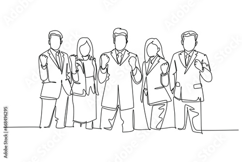 Single one line drawing group of business man and business woman line up to celebrate their success achieve the business target. Team work goal. Continuous line draw design graphic vector illustration