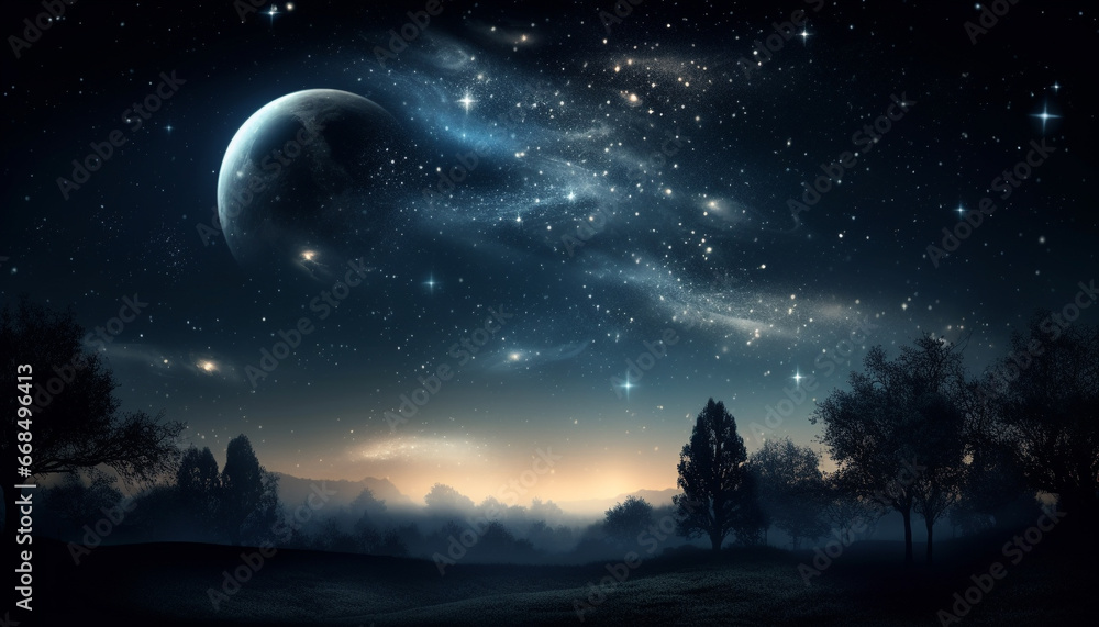 Night sky glows with the beauty of the Milky Way galaxy generated by AI - obrazy, fototapety, plakaty 
