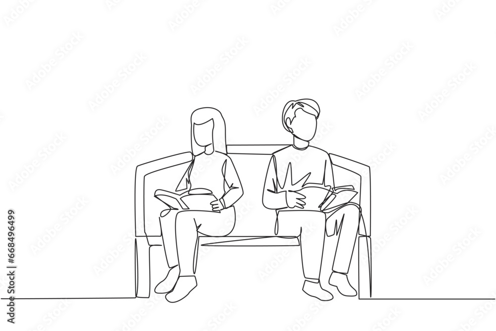 Single continuous line drawing man woman sitting and reading on chair in university park. Prepare for the final exams with serious reading. Book festival concept. One line design vector illustration Single continuous line drawing man woman sitting and reading on chair in university park. Prepare for the final exams with serious reading. Book festival concept. One line design vector illustration