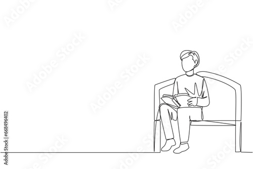 Single continuous line drawing man sitting and reading on chair in university park. Prepare for the final exams with serious reading. Book festival concept. Clever. One line design vector illustration