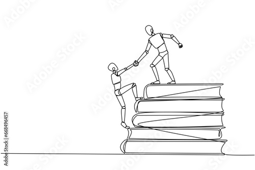 Single one line drawing robot help partner climb pile of books. Concept of helping each other to success together. Knowledge source book. Book festival. Continuous line design graphic illustration