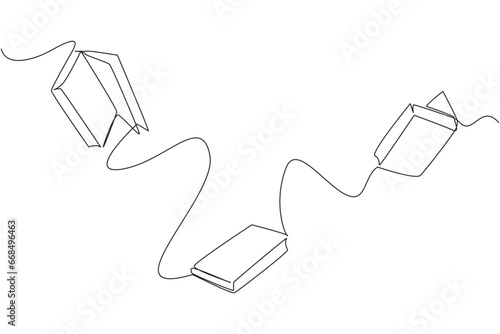 Single continuous line drawing books floating in space. Scientists explain that floating is caused by the loss of the earth's gravitational effect. Book festival. One line design vector illustration