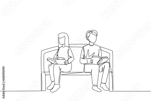Single continuous line drawing man woman sitting and reading on chair in university park. Prepare for the final exams with serious reading. Book festival concept. One line design vector illustration