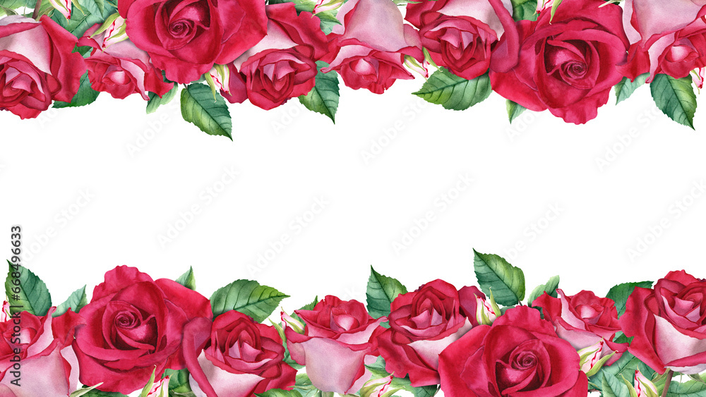 Banner border frame with red rose blooms buds and leaves. Watercolor Illustration for cards invitation