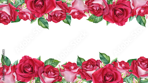 Banner border frame with red rose blooms buds and leaves. Watercolor Illustration for cards invitation