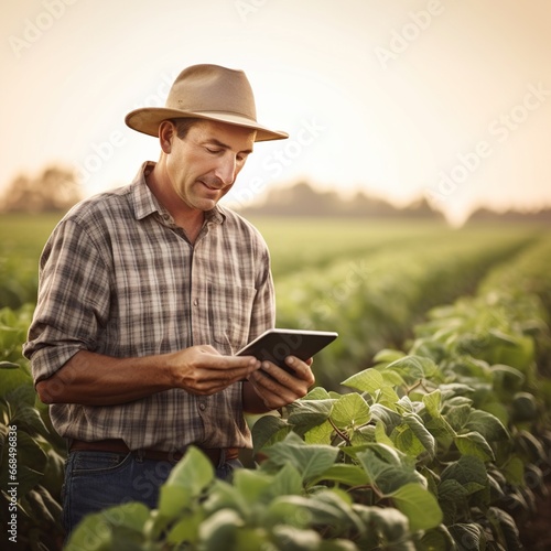 Agriculture man checking sustainable farming growth by with digital tablet, production or industry growth analysis, Gardener or greenhouse environmental scientist on a rural. Generative AI