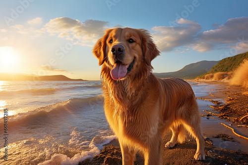 golden retriever at the beach on sunset