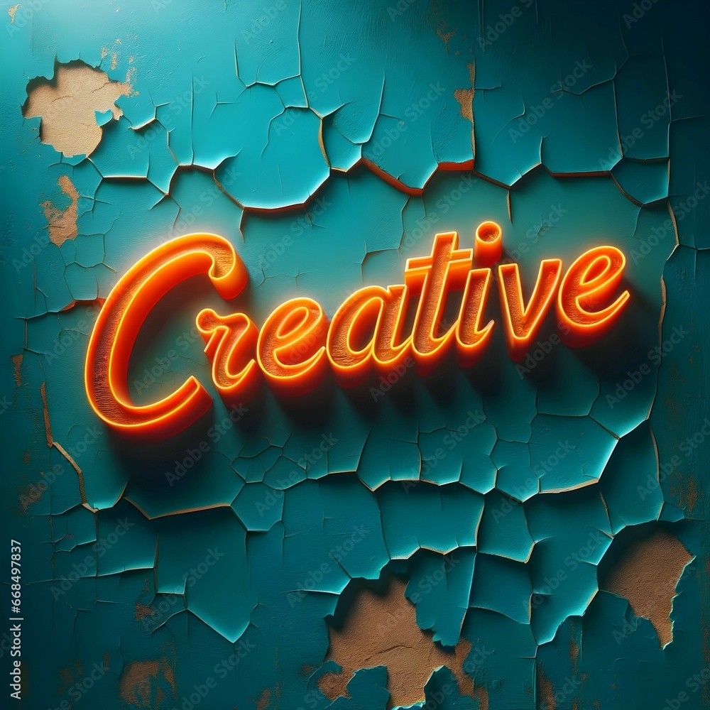 Word Creative in orange font on old teal cracked wall background, artistic banner, wallpaper