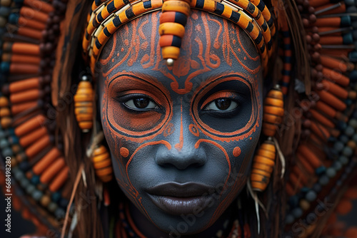 Headshot portrait of beautiful African American woman with traditional ancient face paint design and jewelry looking at camera