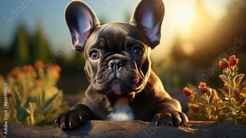 Cute beautiful domestic dog French bulldog lies resting on the grass on a walk outside