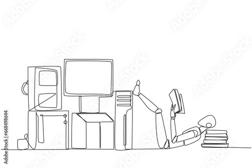 Single continuous line drawing robot lying on back reading book. Read guidebooks to assemble systems and create super sophisticated applications. Book festival One line design vector illustration
