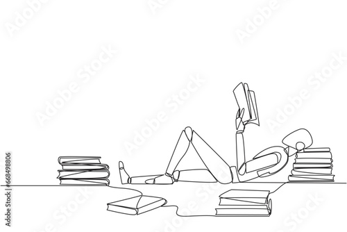 Single one line drawing smart robot lying down reading a book. Lots of books scattered around. Hobby reading. Technology book festival concept. Future AI. Continuous line design graphic illustration