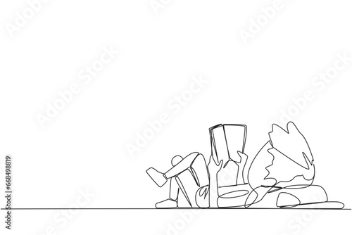 Single continuous line drawing boy lying on back reading book. Reading favorite comic. Big fan of fiction books. Enjoy the storyline. Reading increases insight. One line design vector illustration