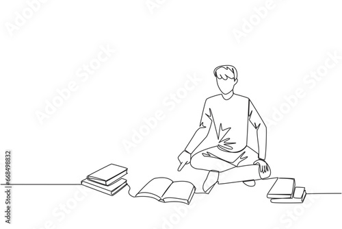 Single continuous line drawing man reading the books happily. Good reading interest. Really enjoy reading story books. Reading everywhere. Book festival concept. One line design vector illustration