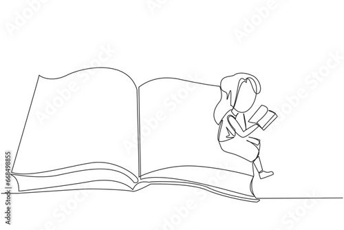 Single continuous line drawing serious girl sitting on the edge of a large open book. Study before exam time arrives. Read textbooks with focus. Reading is fun. One line design vector illustration
