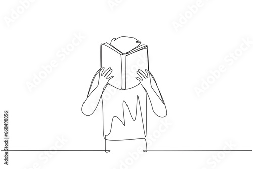 Continuous one line drawing man seriously reading a book until cover the face. Nervous when facing the final exams. Try to focus. Reading increases insight. Single line draw design vector illustration