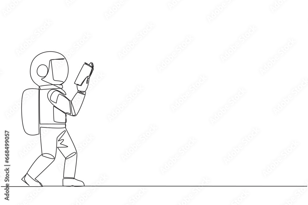 Single one line drawing astronaut walking reading the book. Gesture of memorizing something from a book. Read anywhere. Addicted to reading. Book festival. Continuous line design graphic illustration Single one line drawing astronaut walking reading the book. Gesture of memorizing something from a book. Read anywhere. Addicted to reading. Book festival. Continuous line design graphic illustration