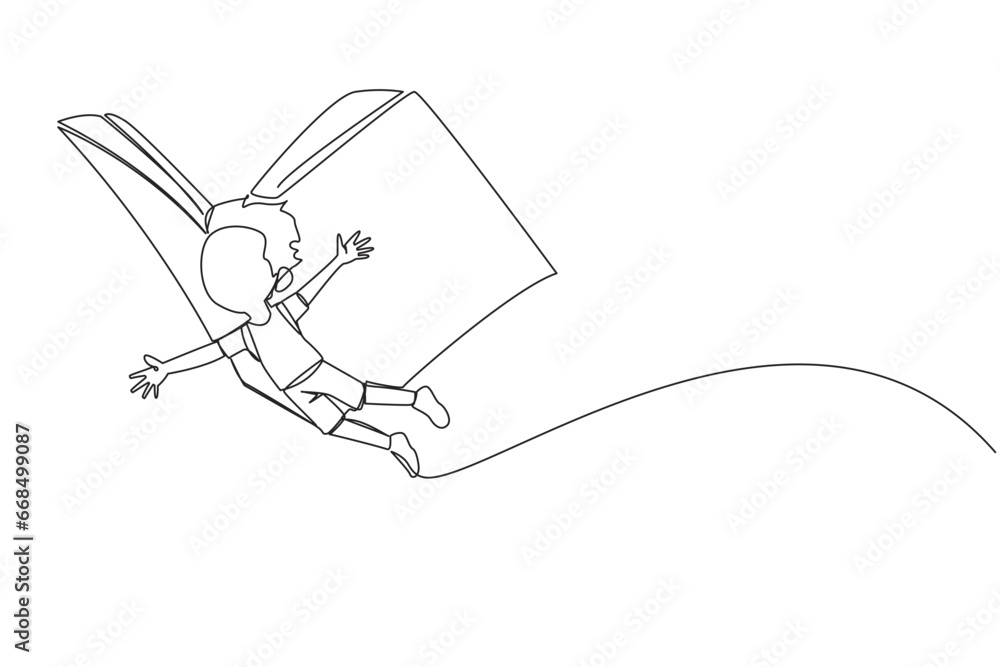 Continuous one line drawing boy flying with wings that come from an open big book. The metaphor carries over with the storyline. Constructive fantasy. Single line draw design vector illustration Continuous one line drawing boy flying with wings that come from an open big book. The metaphor carries over with the storyline. Constructive fantasy. Single line draw design vector illustration
