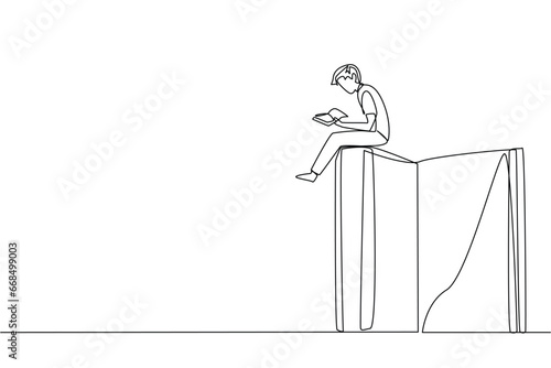 Single one line drawing smart happy man sitting on a big open book reading a book. Serious and focus learning increases insight. Book festival concept. Continuous line design graphic illustration