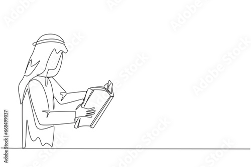 Single one line drawing Arabian man are very focused on reading a book. Reading fiction story books during holidays. Book festival concept. Very good habit. Continuous line design graphic illustration © Simple Line