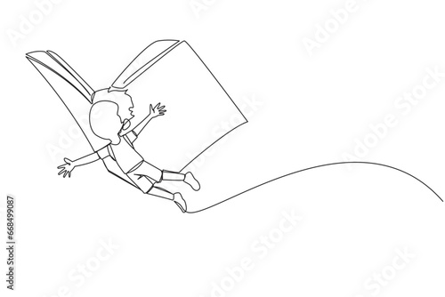 Continuous one line drawing boy flying with wings that come from an open big book. The metaphor carries over with the storyline. Constructive fantasy. Single line draw design vector illustration