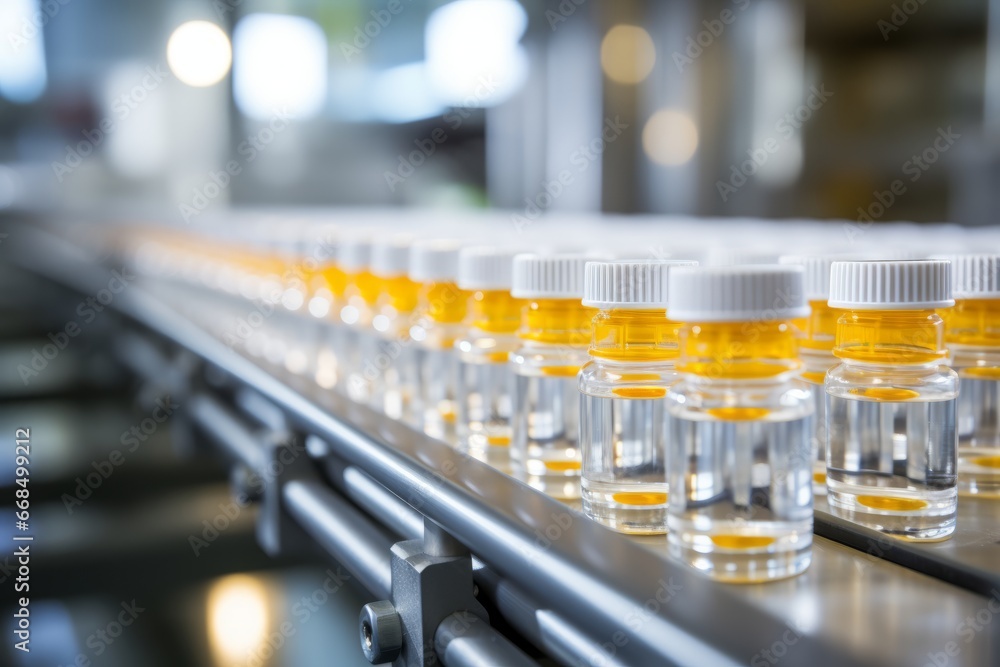Medical vials on the conveyor belt start point. Conveys the production cycle. Medical vials on the conveyor belt start point. Conveys the production cycle.