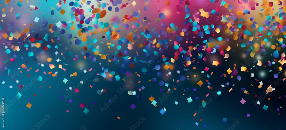 Glittering confetti showering down, vibrant colors everywhere, celebration in the air. 
Abstract bokeh Background defocused lights sparkle, glitter, AI Generative - obrazy, fototapety, plakaty 