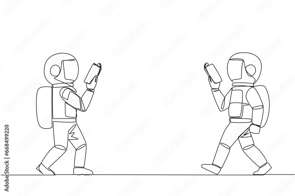 Single continuous line drawing two astronauts walking face to face reading books. Gesture of memorizing something from a book. Addicted to reading. Book festival. One line design vector illustration