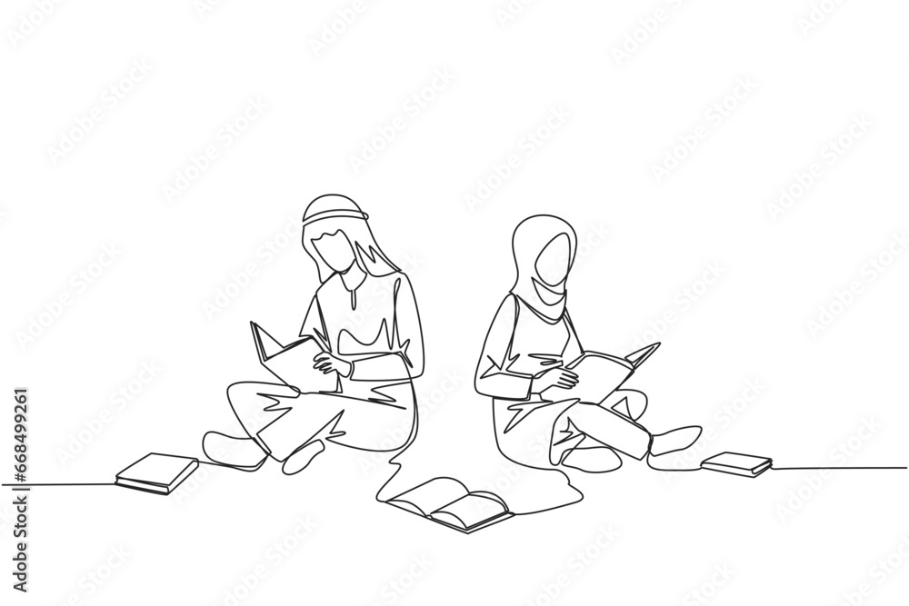 Single one line drawing Arabian man woman sitting relax in library reading lot of books. Looking for answers to assignments. Hobby reading. Book festival. Continuous line design graphic illustration Single one line drawing Arabian man woman sitting relax in library reading lot of books. Looking for answers to assignments. Hobby reading. Book festival. Continuous line design graphic illustration
