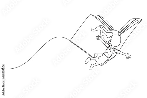 Single one line drawing the brave girl flying with wings that come from an open big book. Metaphor carried away with the storyline. Constructive fantasy. Continuous line design graphic illustration