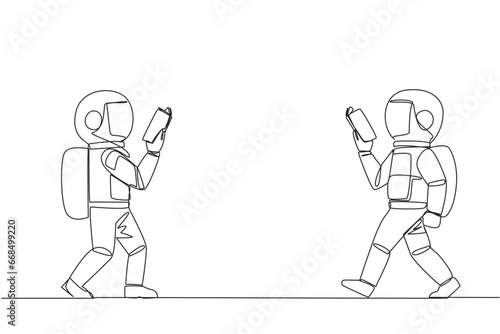 Single continuous line drawing two astronauts walking face to face reading books. Gesture of memorizing something from a book. Addicted to reading. Book festival. One line design vector illustration