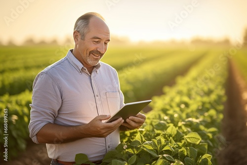 Agriculture man checking sustainable farming growth by with digital tablet, production or industry growth analysis, Gardener or greenhouse environmental scientist on a rural. Generative AI