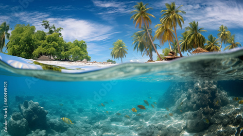 The South Pacific s clear sea  sandy beaches  and beautiful views under the water. Photo half submerged in water