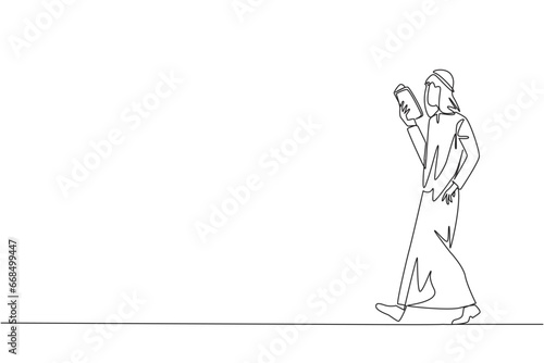 Single continuous line drawing Arab man walking reading the book. Gesture of memorizing something from a book. Read anywhere. Addicted to reading. Book festival. One line design vector illustration