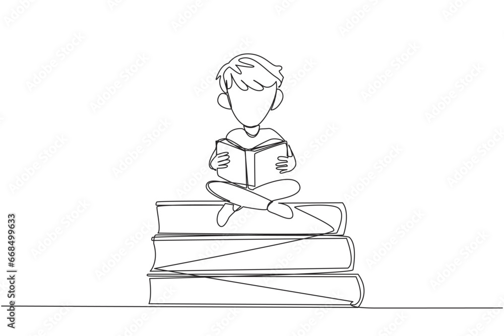 Single continuous line drawing boy sitting cross-legged on pile of large books. Reading comic. Reading textbook. Read scientific journals. Reading increase insight. One line design vector illustration