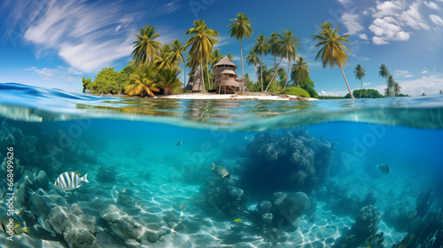 The South Pacific's clear sea, sandy beaches, and beautiful views under the water. Photo half submerged in water © DY