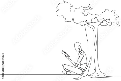 Continuous one line drawing robot sitting reading book under shady tree. Continuing second volume of the fiction story book. Enjoy reading. Book festival. Single line draw design vector illustration