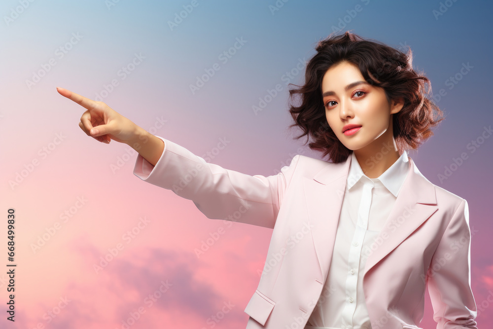 Woman wearing pink suit is pointing at something. This image can be used to depict business presentations, advertising, or professional consultations. Woman wearing pink suit is pointing at something. This image can be used to depict business presentations, advertising, or professional consultations.