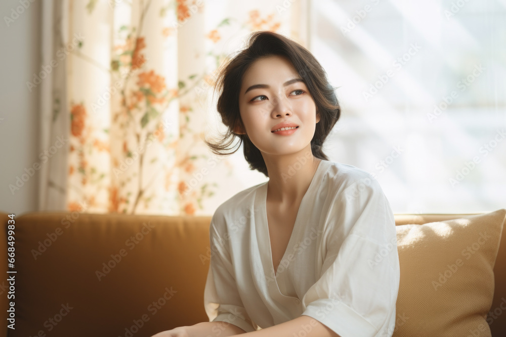 Woman sitting on top of couch next to window. This picture can be used to depict relaxation, solitude, or enjoying view. Woman sitting on top of couch next to window. This picture can be used to depict relaxation, solitude, or enjoying view.